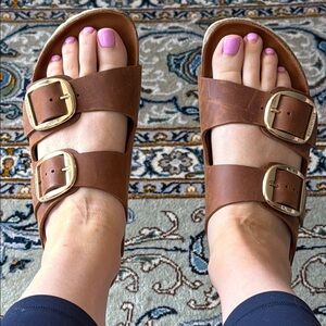 Birkenstock Big Buckle Brown Leather Sandals with Gold Buckles